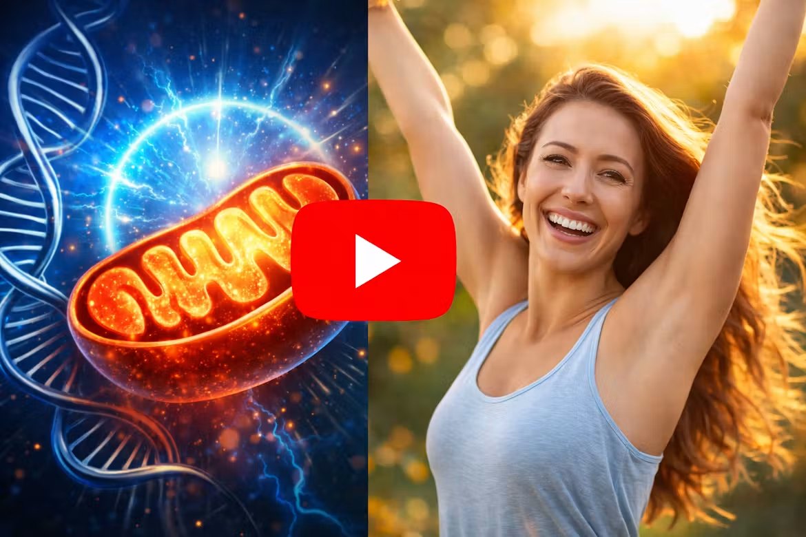 Illustration of a mitochondrion beside a woman standing outdoors with her arms raised